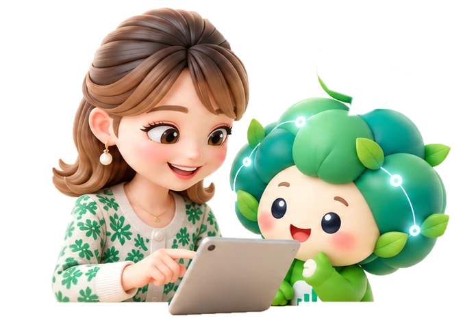 担当者とぴったりんが、タブレットで画面を一緒に確かめているイラスト